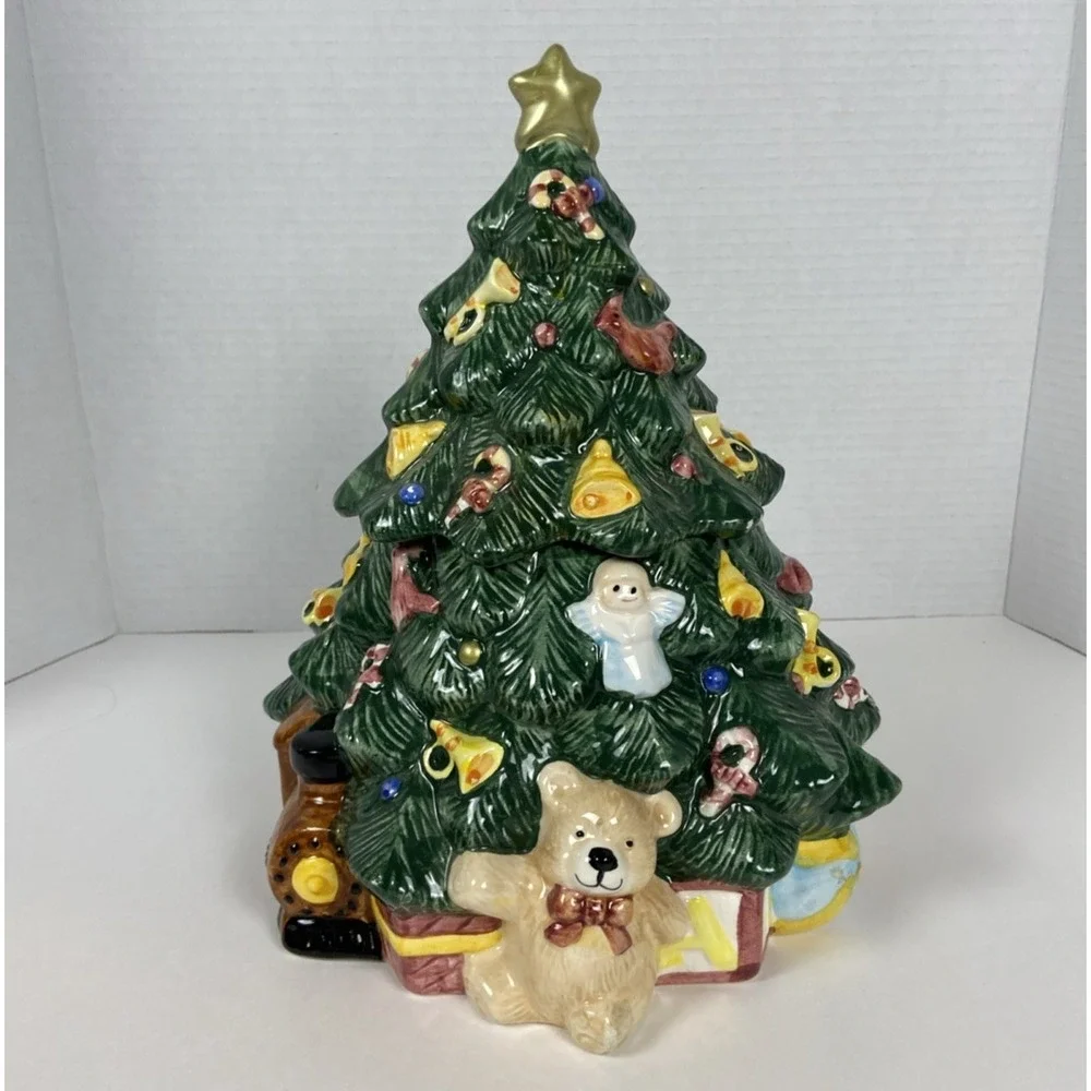 Vtg Earthenware Christmas Tree Cookie Jar w/Lid Home Trends Ceramic Kitchen